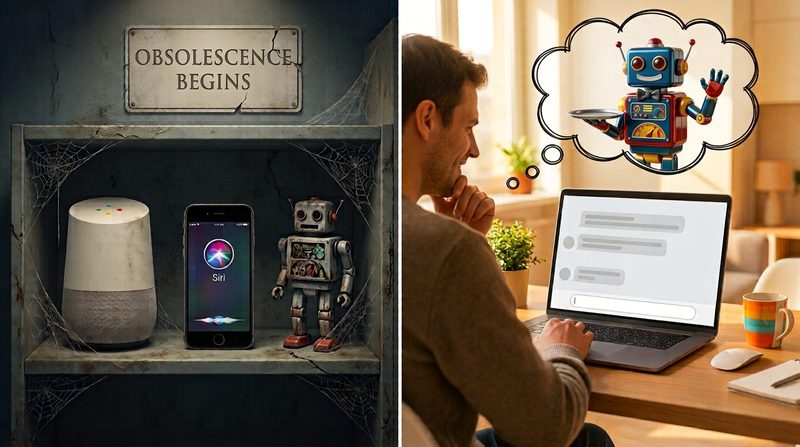 Left: a dusty shelf with a smart speaker, a phone showing Siri and a rusty toy robot, under a sign reading Obsolescence Begins. Right: a man smiling at a laptop with a chat window, imagining a colorful toy robot holding a tray.